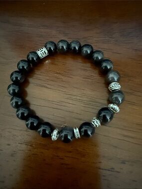 Golden Sheen Obsidian Black Beaded Bracelet with Silver Accent Beads